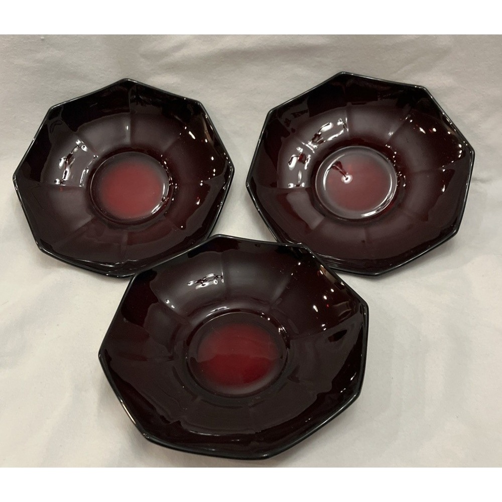 Vintage Ruby Red Glass Saucers Dessert Bowls Scallop Top Edge Lot of 3